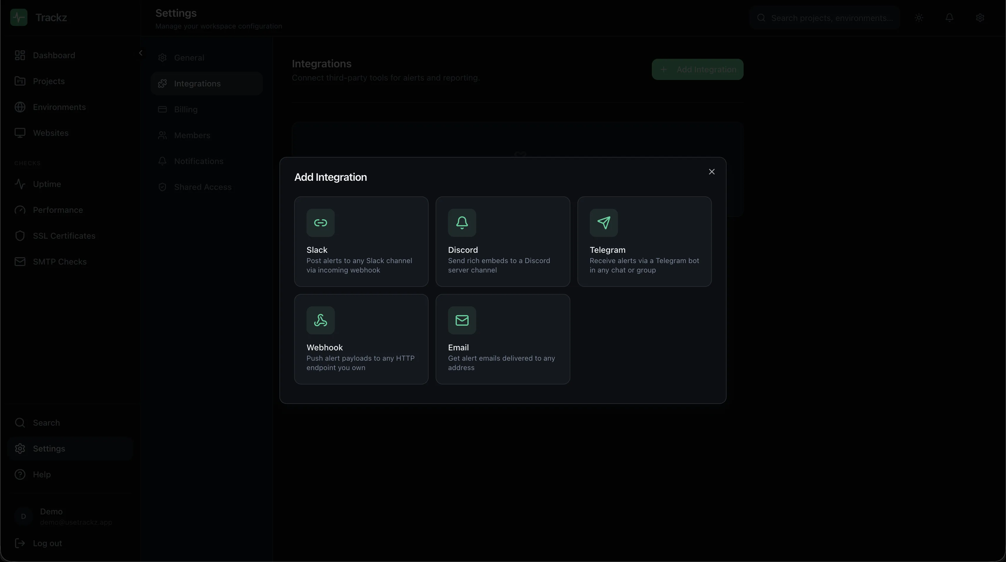 Alert integrations — Slack, Discord, email, webhooks